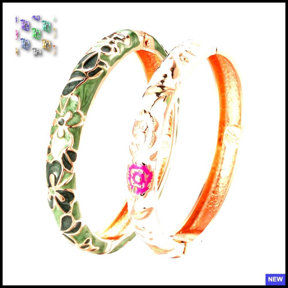 Cloisonne Enamel Bangle Bracelets Set Spring Hinged Metal Cuff Elegant